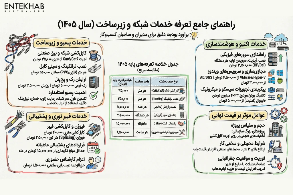 اینفوگرافیک راهنمای جامع و لیست قیمت خدمات شبکه و زیرساخت در سال ۱۴۰۵