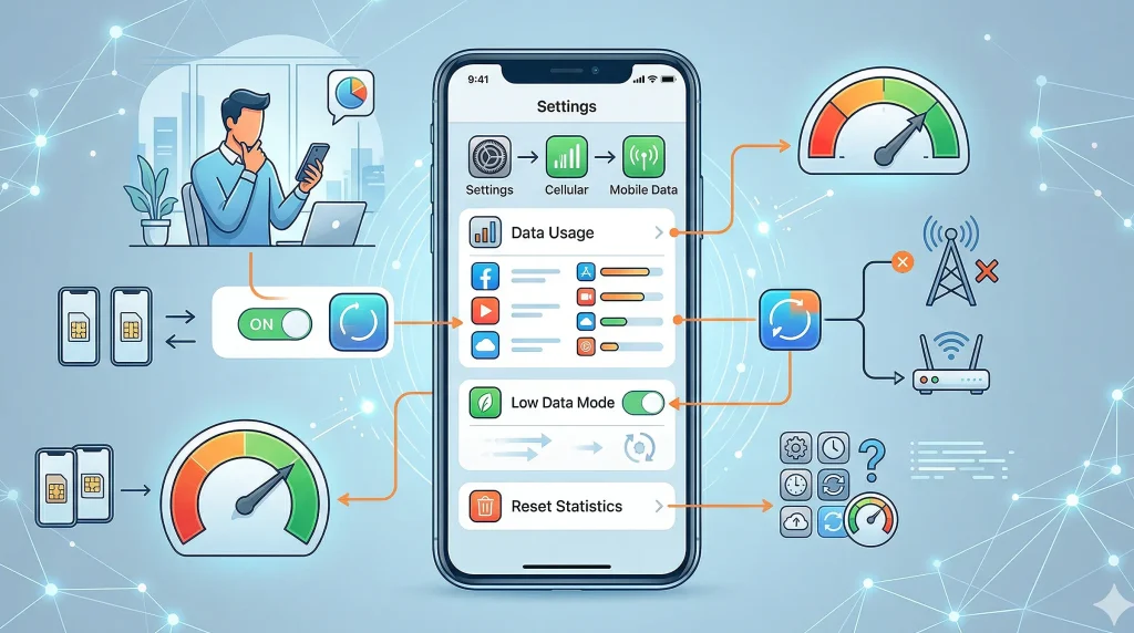 راهنمای تصویری تنظیمات داخلی آیفون برای کاهش مصرف اینترنت موبایل و فعالسازی Low Data Mode.