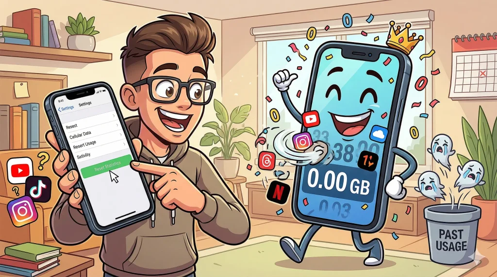 یک تصویر کارتونی که در آن یک کاربر با اشاره به گزینه Reset Statistics در منوی تنظیمات موبایل، نشان میدهد که دادههای مصرفی قبلی اپلیکیشنها پاک شده و شمارنده مصرف به صفر (0.00 GB) تغییر کرده است.