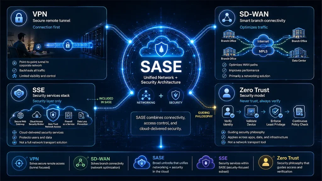 تفاوت SASE با VPN، SD-WAN، SSE و Zero Trust